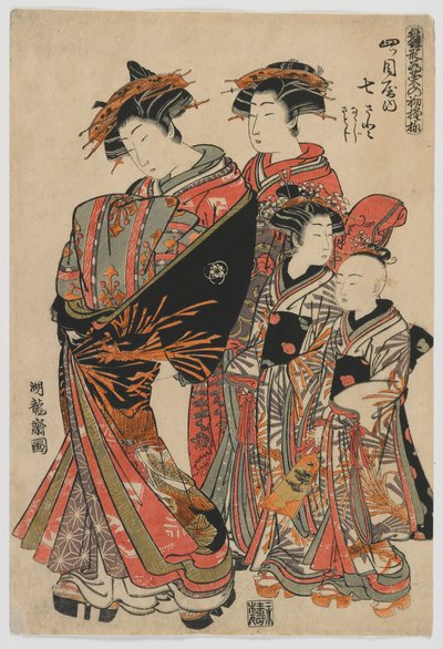 Modelle für Mode: Neue Designs wie frische junge Blätter: Die Kurtisane Nanasato von der Yotsumeya mit ihren Begleitern Nanaji und Satoji, Edo-Periode, 1778-80 von Isoda Koryusai