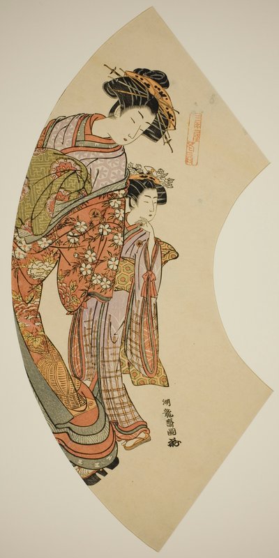 Die Kurtisane Hanaogi vom Ogiya und ihre Begleiterin, aus der Serie "Fächer des Ostens" von Isoda Koryusai