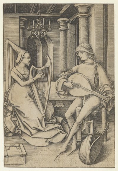 Laute Spieler und Harfenist, aus Szenen des täglichen Lebens, n.d. von Israhel van Meckenem
