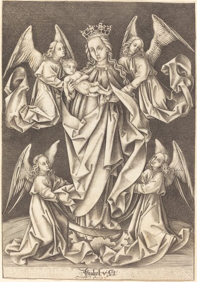 Die Madonna und das Kind auf der Mondsichel, unterstützt von vier Engeln von Israhel van Meckenem