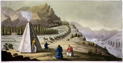Eine lappländische Hütte oder achteckiges Zelt mit einer Herde Rentiere, die den Berg hinunterkommt, Tafel 47 aus 
