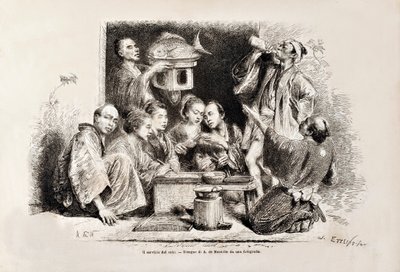 Eine kleine Party trinkt Sake, aus der italienischen Ausgabe von Tour du Monde, 1869 von Italian School