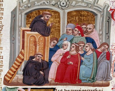 Ein Prediger, der eine Menge von Gläubigen anspricht. Miniatur aus „Dekret von Gratian“ (Concordia discordantium canonum oder Decretum Gratiani) von Italian School