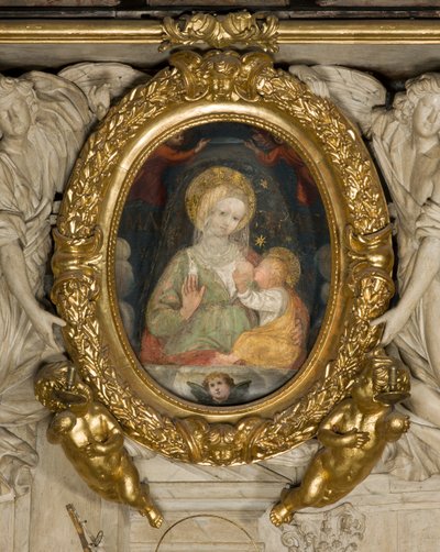 Altar des Heiligen Eusebius, Fresko Unsere Liebe Frau des Friedens 15. Jahrhundert, Eingefügt in den Rahmen mit Engeln 1622 von Italian School