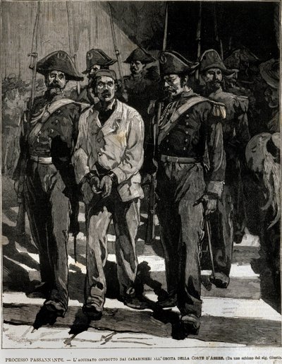 Verhaftung von Giovanni Passannante (1849-1910), der das Attentat auf den italienischen König Umberto I. in Neapel 1878 verübte. Dieses Ereignis inspirierte den Dichter Giovanni Pascoli zu einer Ode. Gravur aus dem 19. Jahrhundert von Italian School