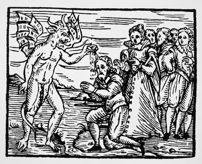 Taufe durch den Teufel, Kopie einer Illustration aus Compendium Maleficarum von Fr M Guaccius, Mailand 1608, verwendet in Geschichte der Magie, veröffentlicht Ende des 19. Jahrhunderts von Italian School