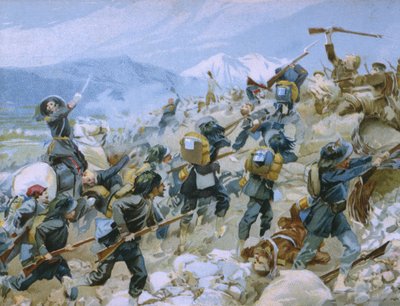 Krimkrieg und die Schlacht von Chernaya, 16. August 1855, Illustration aus einem Album zur Geschichte des Risorgimento für die Schokolade Talmone, späte 19. Jahrhundert von Italian School
