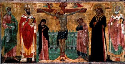 Kreuzigung und Heilige. Holzgemälde eines anonymen Künstlers der Veneto-Byzantinischen Schule. Venedig, Museo Correr von Italian School