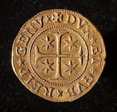 Währung der Republik Genua: fünf Gold-Doppie-Münze. Durchmesser 41 mm. 1642. Vorderseite. Genua Musei di Strada Nuova von Italian School