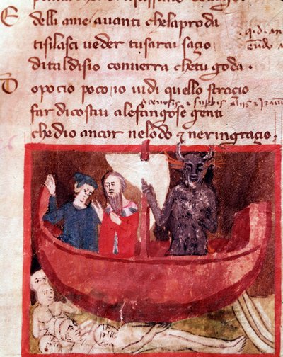 Dante und Virgil auf dem Boot von Phlegyas treffen Filippo Argenti (Gesang 8 der Hölle, in der Göttlichen Komödie) von Italian School