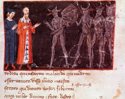 Dante und Vergil sprechen mit Malacoda, Anführer der Malebranche-Truppen (Gesang 21 aus der Hölle, in der Göttlichen Komödie) - Miniatur von Italian School