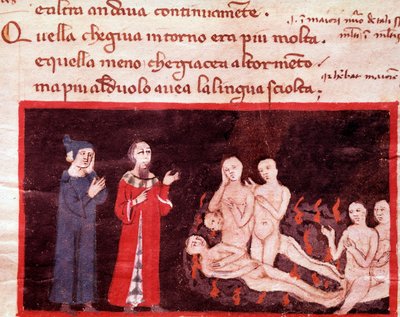 Dante und Virgil umgeben von den Gewalttätigen (Gesang 14 aus der Hölle, in der Göttlichen Komödie) - Miniatur 14. Jahrhundert von Italian School
