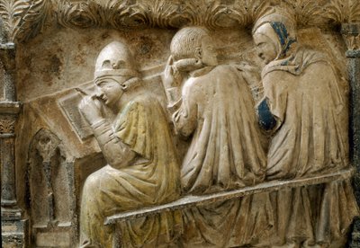 Detail: Schüler folgen dem Unterricht von Bonifacio Galluzzi (Grabplatte, ca. 1346) von Italian School