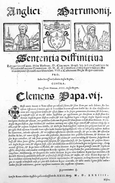 Dokument, das das Urteil des Papstes über die Gültigkeit der Ehe von Heinrich VIII. und Katharina von Aragon erklärt, 1534 (Druck) von Italian School