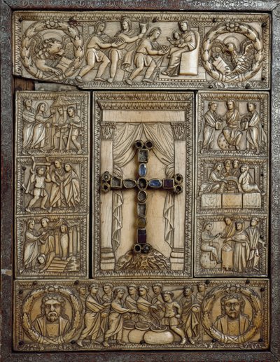Evangelische Abdeckung bekannt als „Dittico delle cinque parti“ (Diptychon der fünf Teile) in Elfenbein dekoriert Episoden der Göttlichkeit des Rechts. 5. Jahrhundert von Italian School