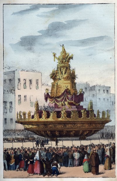 Fest der Santa Rosalia von Palermo (1130-1160), Schutzpatronin von Palermo - Das Fest der Santa Rosalia - (die Schutzpatronin von Palermo in Italien) Il Festino di Santa Rosalia a Palermo in Sicilia - Festa di santa Rosalia - Gravur aus „Usi e Costumi di T von Italian School