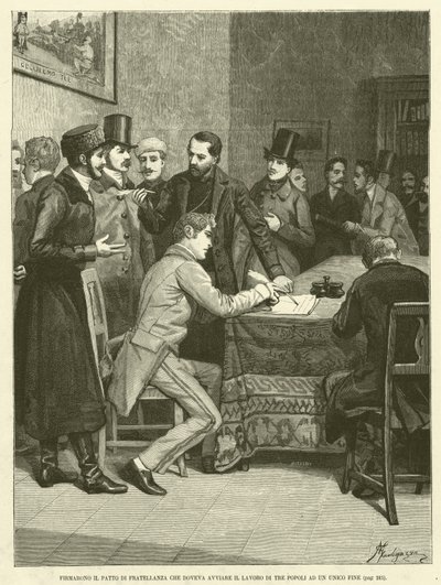 Sie unterzeichneten den Brüderlichkeitspakt, der die Arbeit von drei Völkern zu einem einzigen Ziel führen sollte (Gravur) von Italian School