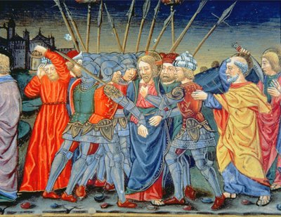 Fol.105v Simon Petrus verteidigt Christus und verwundet einen Soldaten mit einem Schwert von Italian School