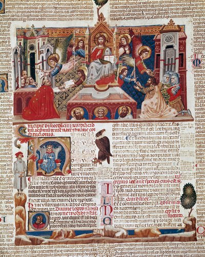 Frontispizseite des Manuskripts „Decretum Gratiani“ (Concordia discordantium canonum) von 1140, das die Gesetze und Kanones der römisch-katholischen Kirche regelt. 14. Jahrhundert, Siena, Biblioteca degli Intronati von Italian School