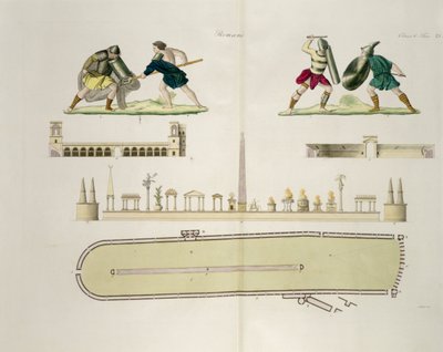 Gladiatoren und ein Plan des Zirkus von Caracalla, Tafel 23A, Klasse 5 aus Teil I der Geschichte der Nationen, graviert von A. Nani von Italian School