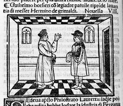 Grimaldis geiziger Erminio trifft auf Guglielmo Borsiere, der versucht, ihm mit schönen Worten Geld zu entlocken. Illustration zur Novelle 61 (Neue 8 des ersten Tages) des „Decameron“ von Giovanni Boccaccio (1313-1375), italienischer Schriftsteller. Gravur von Italian School