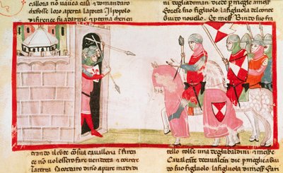 Guelfen blockieren die Ghibellinen am Wiedereintritt in die Stadt, Miniatur aus der Cronica von Giovanni Villani, Manuskript, Italien, 14. Jahrhundert von Italian School