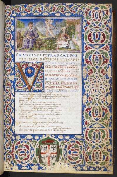 Harley 3567, f.9 Miniatur von Petrarca und Laura, mit Amor, der seinen Pfeil auf Laura richtet, aus 