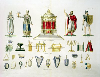 Hebräischer Levi, Priester, König und Soldat mit heiligen Einrichtungsgegenständen und Musikinstrumenten, Tafel 2, Klasse 1 aus Teil I der Geschichte der Nationen, graviert von Marco Comirati (ca. 1800-69) von Italian School
