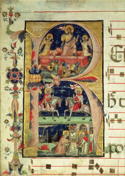 Historisierte Initiale R, die die Auferstehung, zwei Ritterheilige und einen Bischofsheiligen zeigt, der Reliquien empfängt von Italian School