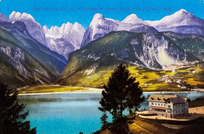 Hotel Molveno mit Brenta-Gruppe und Val delle Seghe, Postkarte, Trentino-Südtirol, 20. Jahrhundert von Italian School