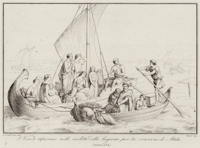 Die Venezianer fliehen auf die Inseln der Lagune vor dem Einfall Attilas, 452 (Gravur) von Italian School