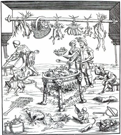 Innenansicht einer italienischen Küche, nach einem Holzschnitt in Banchetti compositioni di Vivende von Christoforo di Messisburgo, veröffentlicht 1549 von Italian School