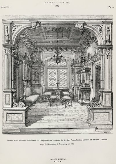 Innenraum eines Schlafzimmers im neorenaissance Stil von Possenbacher, Monaco, Illustration aus L