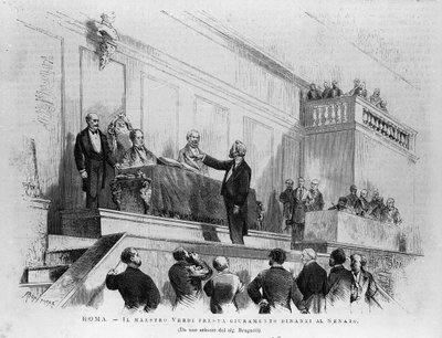 Der italienische Komponist Giuseppe Verdi (1813-1901) wurde 1874 zum Senator ernannt, Rom. Gravur von 1875 von Italian School