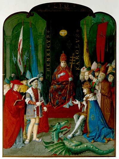 König Heinrich VIII. im Streit mit Kaiser Karl V. vor Papst Leo X. Heinrich hält eine Rolle, die die Bulle von 1521 sein könnte, die ihm den Titel 
