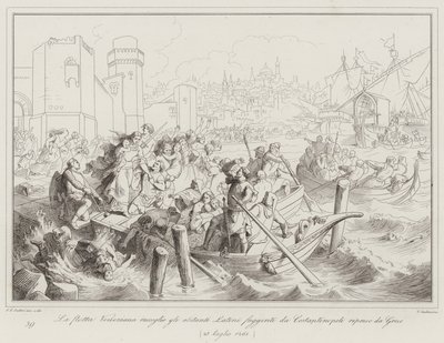 Die venezianische Flotte sammelt die lateinischen Bewohner, die vor den Griechen aus Konstantinopel fliehen von Italian School