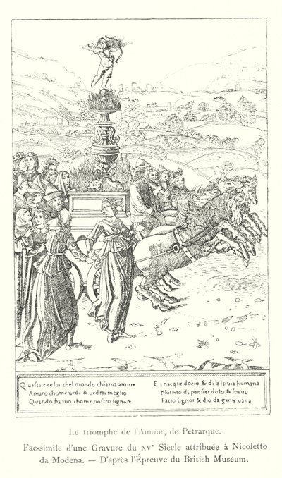 Der Triumph der Liebe, von Petrarca, Faksimile einer Gravur aus dem 15. Jahrhundert, zugeschrieben Nicoletto da Modena, nach dem Exemplar des British Museum (Gravur) von Italian School
