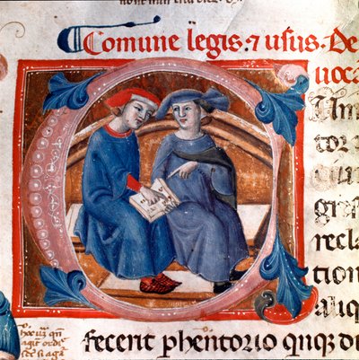 Buchstabe verziert mit zwei Figuren. Miniatur aus dem Codex „Breve delle Leggi comunali“, Index der Gesetze der Republik Pisa (1208-1307). 13. Jahrhundert. Pisa, Nationalarchiv von Italian School
