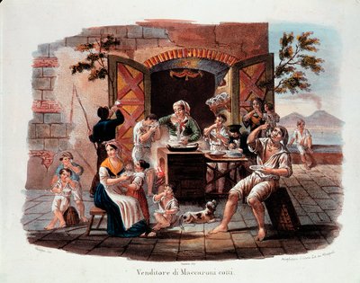Kleiner neapolitanischer Beruf: ein Verkäufer von gekochten Makkaroni. Im Hintergrund der Vesuv an der Bucht von Neapel. Lithografie des 19. Jahrhunderts. Museo Nazionale delle Paste Alimentari, Fondazione Agnesi, Rom von Italian School
