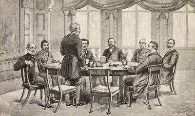 Londoner Konferenz über Ägypten, Vereinigtes Königreich: Graf Munster, Musurus Pascha, Granville (stehend), Graf Nigra, Waddington, De Staal, Childers, Graf Karolyi von Italian School