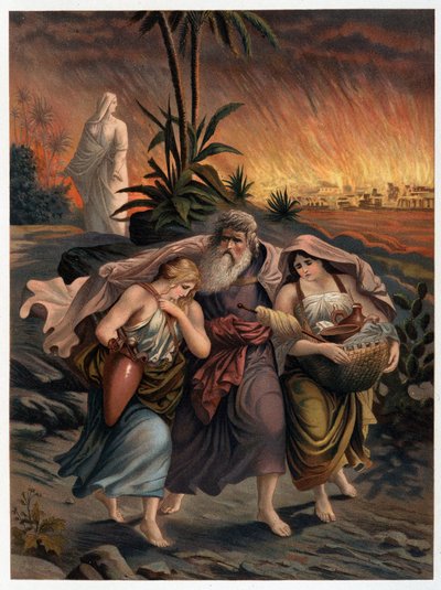 Lot entkommt der Zerstörung von Sodom mit seinen zwei Töchtern und seine Frau wird in eine Salzsäule verwandelt - in „Aurea Bibbia classica: storia della rivelazione divina nell