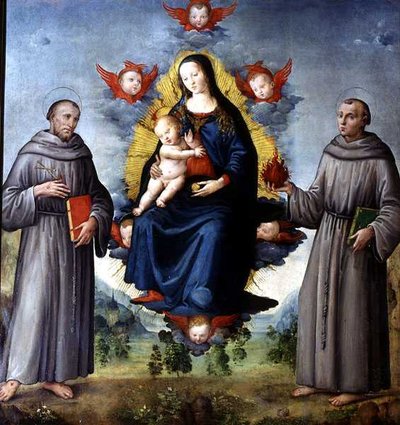 Madonna mit Kind, flankiert von den Heiligen Franz von Assisi und Antonius von Padua von Italian School