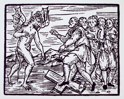 Männliche Hexe, die Christus verleugnet, Kopie einer Illustration aus Compendium Maleticarum von Fr M Guaccius, Mailand 1608, verwendet in Geschichte der Magie, veröffentlicht Ende des 19. Jahrhunderts von Italian School