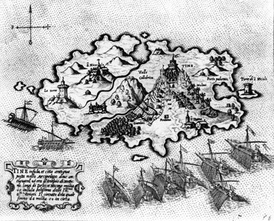 Karte der Insel Tinos mit der venezianischen Flotte, 17. Jahrhundert von Italian School