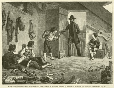 Mazzini fand diese Unglücklichen in einem gemeinsamen Raum untergebracht. Den Größeren wurde ein Orgelchen gegeben, den Kleineren ein Eichhörnchen oder eine weiße Maus (Stich) von Italian School