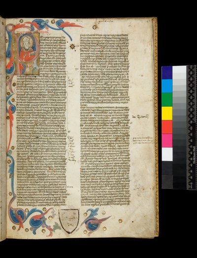 Ms 370. Orosius, Historiarum Adversum Paganos Libri Septem, f.2r. Illuminierte bewohnte Initiale [P], mit Porträt des Autors als Bischof gekleidet, und Teilrahmen mit Blattmotiven, Bologna oder Padua von Italian School