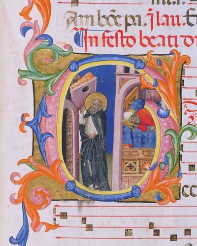 Historiierte Initiale G mit Darstellung des Hl. Dominikus, der die Kirche stützt, und dem Traum von Papst Honorius III. (1216-27) aus Psalter H aus San Marco e Cenacoli von Italian School