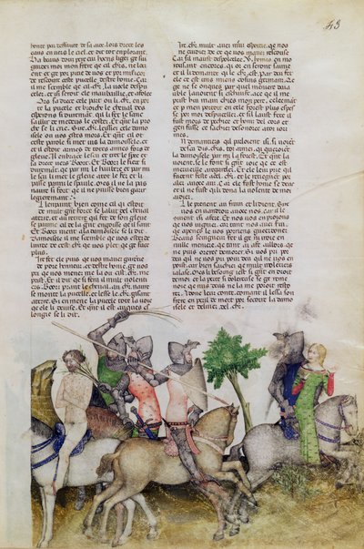 Ein Ritter der Tafelrunde, Sir Bors, muss sich zwischen der Rettung seines Bruders Lionel oder der Rettung einer Jungfrau entscheiden, aus der Queste del Saint Graal, ca. 1380-85 von Italian School