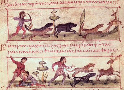 Ms Grec 479 Hirschjagd, Illustration aus der Cynegetica von Oppian von Italian School