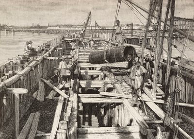 Neuer Aquädukt in Venedig, Verlegung des Kanals in der Lagune, Italien, Gravur nach einer Zeichnung von Riera, aus L